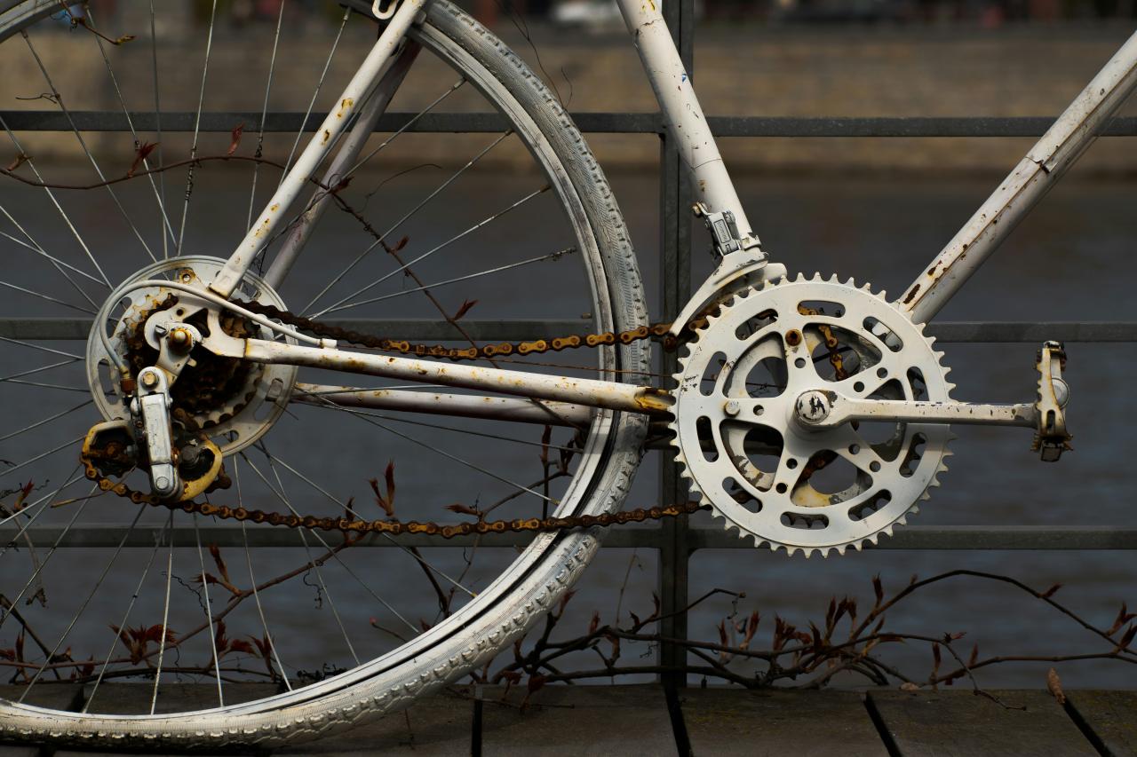 a close up of a bike on a bridge