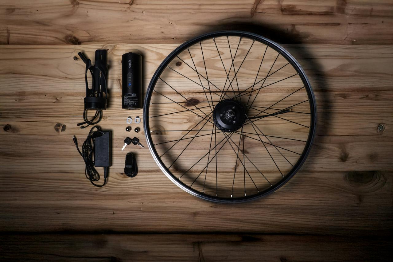 Electric bicycle conversion kit components laid out