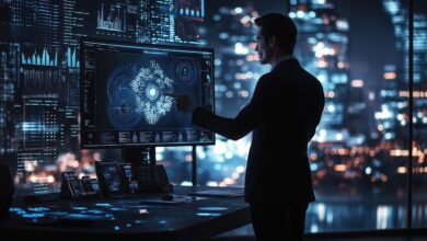 Free human-ai collaboration futuristic office ai-powered analytics illustration