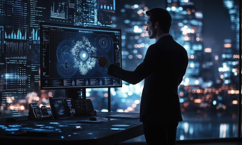 Free human-ai collaboration futuristic office ai-powered analytics illustration